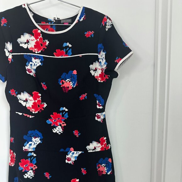 Vince Camuto Black Floral Fit & Flare Dress | Red Blue White Print - Picture 2 of 6